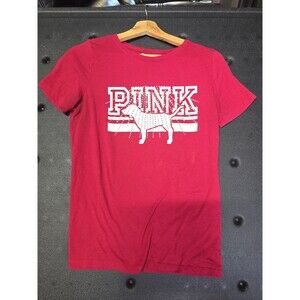 PINK Victoria's Secret Women's Red Dog Graphic Rhinestone Cotton T-Shirt Size S